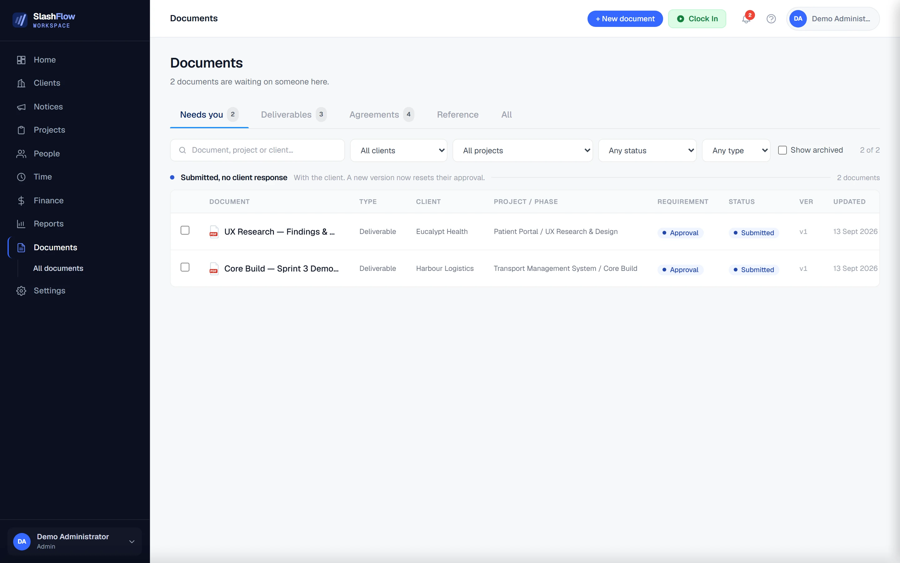 The SlashFlow documents list, filtered to “Needs you”, grouped under the heading “Submitted, no client response”, showing two deliverables with their client, project, phase, requirement and status.